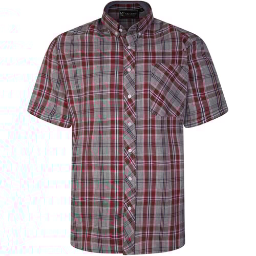 KAM Short Sleeve Check Shirt Burgundy 